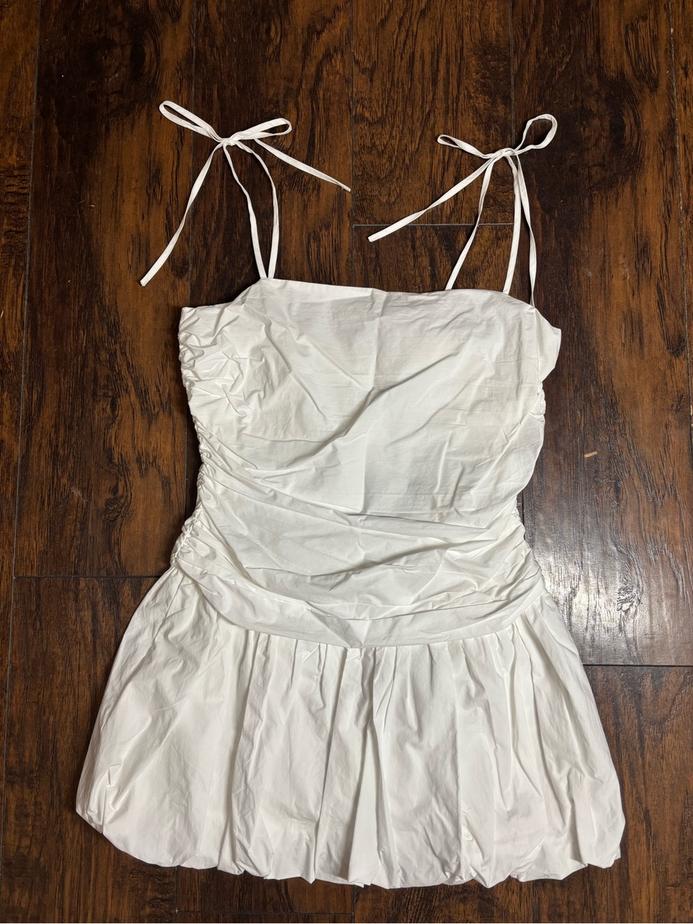 Women’s White Tie-Shoulder Ruched Bubble Hem Mini Sundress 100% Cotton